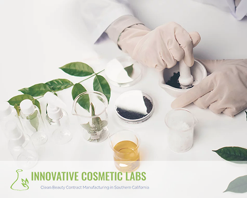 gloved hands mixing plant based ingredients (courtesy of Innovative Cosmetic Labs website)