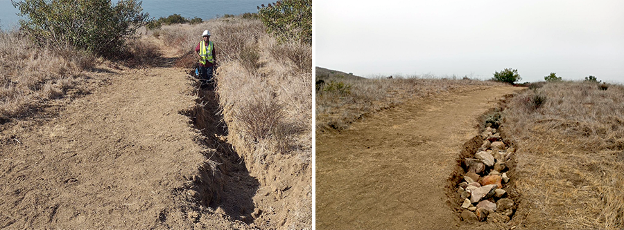 (left) the Malibu Pacific Trail before restoration, showing a deep erosion trench; and (right) during trail restoration, showing a boulder filled trench to provide stability before filling with hard pack soil
