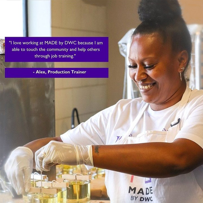 "I love working at DWC because I am able to touch the community and help others through Job Training." quote from Alex, a Production Trainer at Downtown Women's Center (DWC)