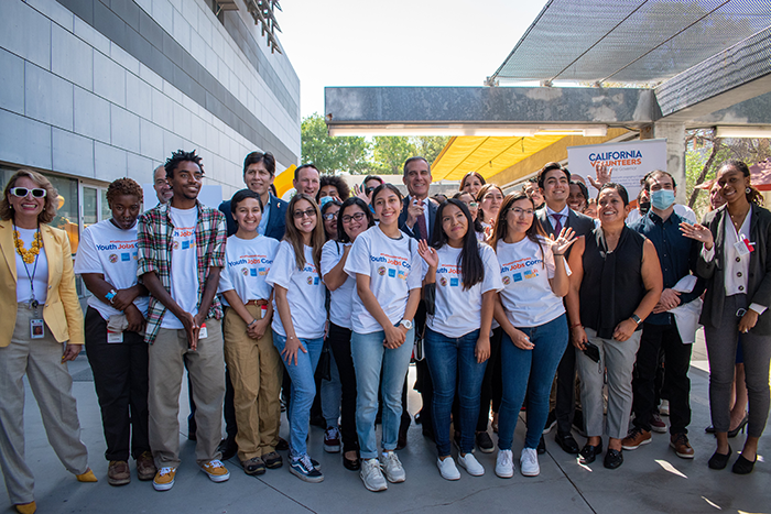 August 15, 2022 - LA City Mayor Erik Garcetti, Assemblywoman Wendy Carillo, Councilmember Kevin De Leon, California's Chief Service Officer Josh Fryday, City youth and workforce partners, and LA youth celebrate the #CaliforniansForAll Youth Jobs Corps program