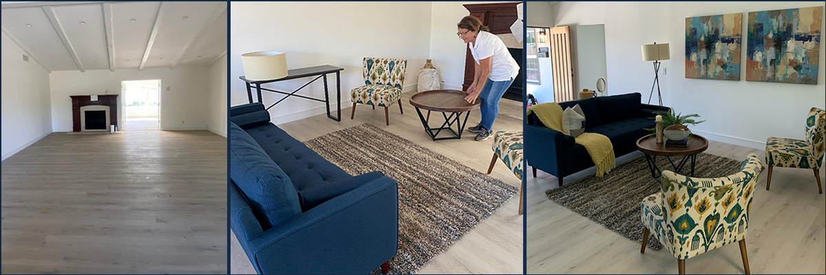 The Casa de Decor team stages a living room in an empty home. (left to right) The empty space; Cristina places a coffee table between two colorful slipper chairs; the living room fully staged