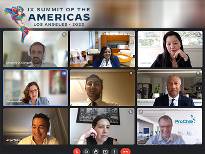 Zoom virtual meeting screenshot from the EWDD and L.A. Mayor’s Office of Economic Development (MOED) Small Business Covid-19 Recovery Strategies meeting with Chilean delegates from the Ninth Summit of the Americas