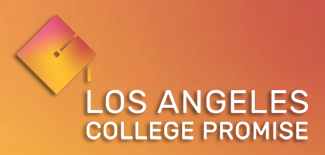 LA College Promise logo: orange, red and pink background with a block style graduation cap icon