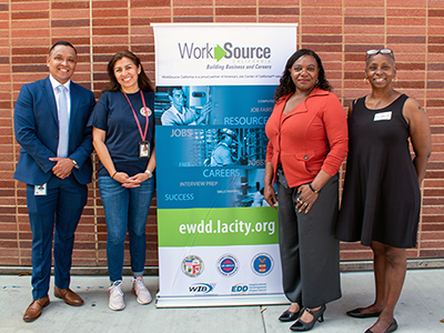 (left to right) Ricardo Renteria, Karina Henriquez and EWDD General Manager Carolyn Hull with a representative from Senator Maria Elena Durazo’s office at the third quarterly Connect LA Job Fair held at LA City College in May 2022