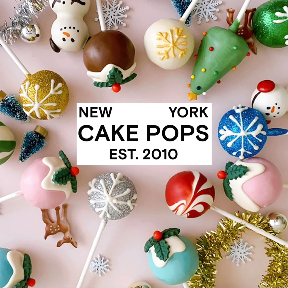 the NY Cake Pops logo in the center of a selection of holiday-themed cake pops