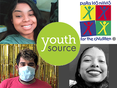 (clockwise left to right) Naomi, Para Los Niños logo, Ciara and Jose, all YouthSource participants; YouthSource circle logo in the center