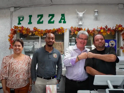 The JEDI Zone Team, with EWDD Executives and CD15 Councilman Tim McOsker, toured businesses in South LA; (pictured left to right) Rosa Penaloza- EWDD Assistant Chief Grants Administrator, Kwesi Hanciles- EWDD JEDI Zone Coordinator, CD15 Councilman Tim McOsker, and Alvaro Correa, owner of L.A. Waterfront Pizza in Wilmington
