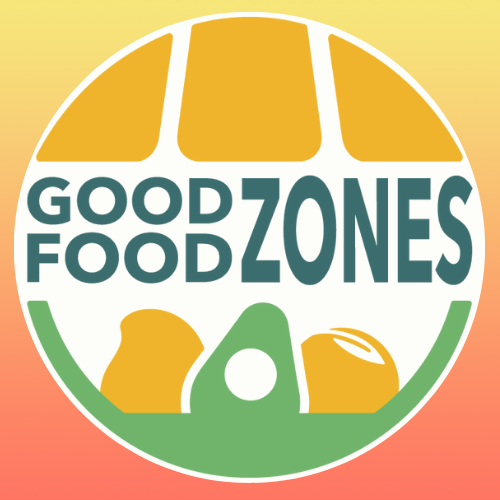 Los Angeles Good Food Zones logo: circle with an illustrated yellow awning at the top, dark green Good Food Zones text in the center, and single color icons for bread, avocado and apple in light green and yellow at the bottom