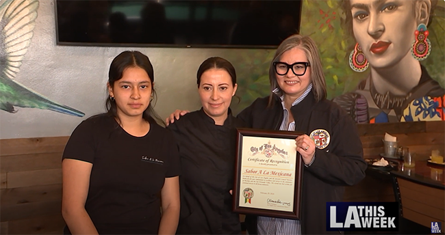 February 29, 2024 - City Council District 7 Councilwoman Monica Rodriguez (right) presents the owner (middle) of Van Nuys restaurant, Sabor a la Mexicana, with a City of Los Angeles Certificate of Recognition
