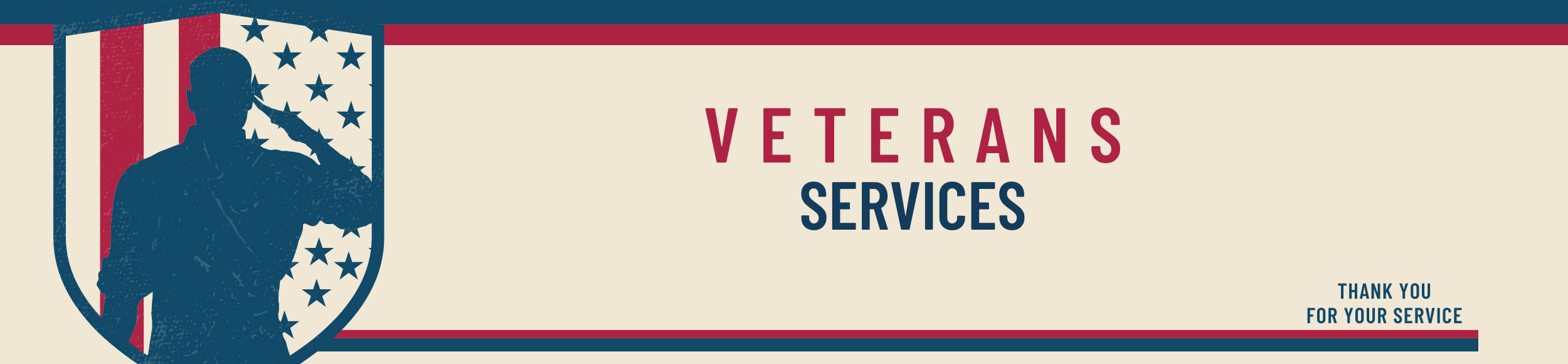 EWDD Veterans Services; illustration of a shadowed soldier saluting a shield with the American flag in navy blue, brick red on a pale cream background