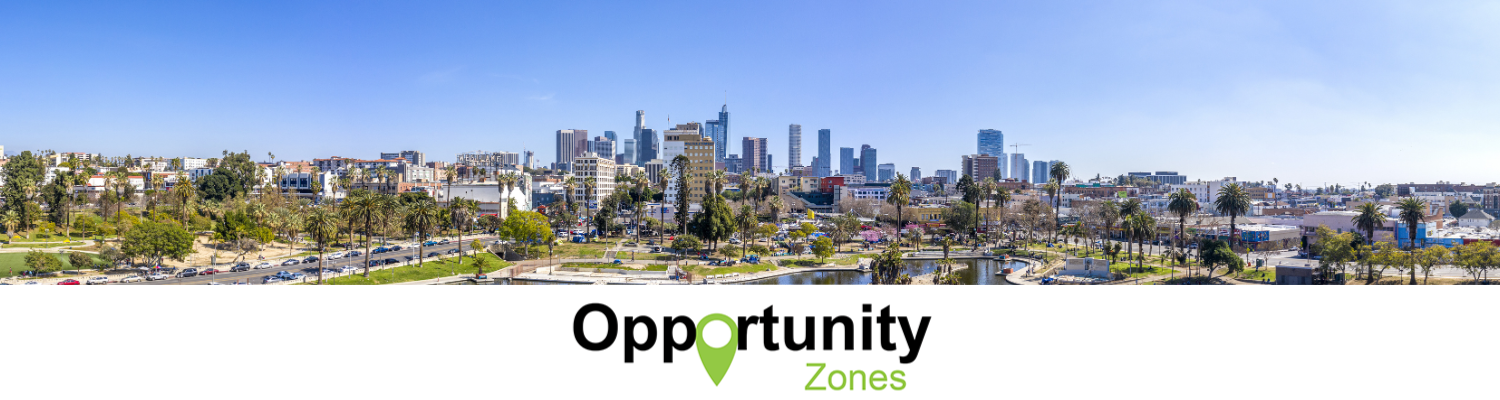 Los Angeles Opportunity Zones, with an image of the Los Angeles basin as seen from the Hollywood hills