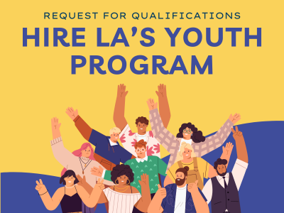 Hire LA's Youth 2023 RFQ Reissue - illustration of diverse young adults on a background of yellow, purple and orange
