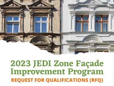 2023 JEDI Zone Façade Improvement Program Request for Qualifications (RFQ); before and after image of a non-specific building exterior showing new cornices around the window with new paint