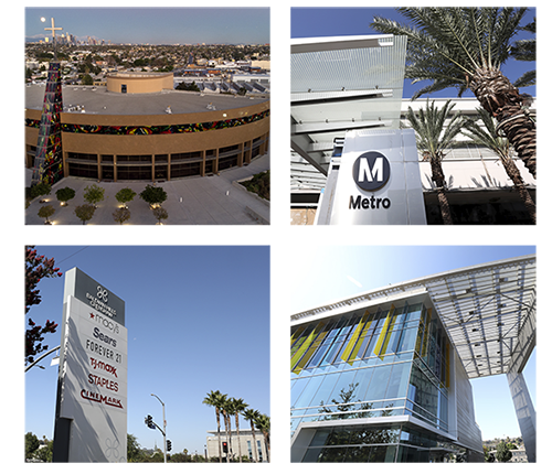 image collage of the Baldwin Hills Crenshaw Plaza, the Marlton Square center and local Metro lightrail stops