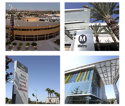 image collage of the Baldwin Hills Crenshaw Plaza, the Marlton Square center and local Metro lightrail stops