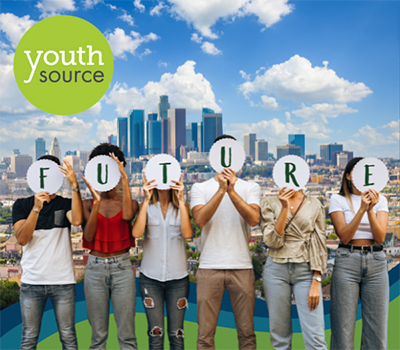downtown L.A. skyline with Youth Source logo and illustrated young adults overlaid on top