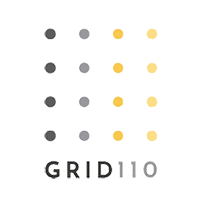 Grid 110 logo: four sets of four dots ombre colored from dark gray to light yellow with name centered along bottom