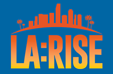 LA:RISE logo - block lettering with a sunset gradient under an outline of the downtown LA city skyline