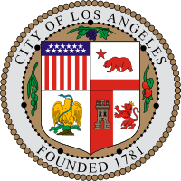 the official seal of the City of Los Angeles: inside the ribbon, flanking the escutcheon, are grapes, olives, and oranges, major crops of California, on their plants. These are also symbolized in the colors of the flag of Los Angeles. The fruit are on a field or, bordered with a 77-bead rosary, which represents Spanish missions in California