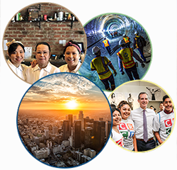 layered images of DTLA, subway construction, Mayor Garcetti with YouthSource, and BusinessSource client Ayara Thai