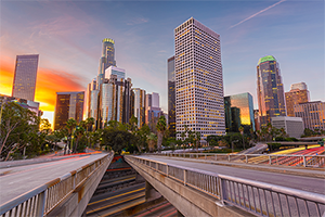 picture of downtown Los Angeles city at sunset as seen from the west side of the 110 freeway
